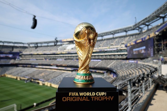EAST RUTHERFORD, NJ - JULY 15: The FIFA World Cup Trophy is displayed at New York/New Jersey Stadium ahead of the FIFA World Cup Final on July 15, 2026 in East Rutherford, New Jersey. (Photo by Jordan Bank - FIFA/FIFA via Getty Images)