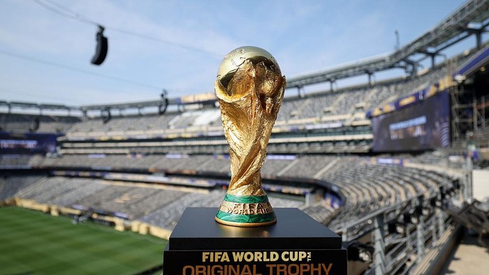 EAST RUTHERFORD, NJ - JULY 15: The FIFA World Cup Trophy is displayed at New York/New Jersey Stadium ahead of the FIFA World Cup Final on July 15, 2026 in East Rutherford, New Jersey. (Photo by Jordan Bank - FIFA/FIFA via Getty Images)