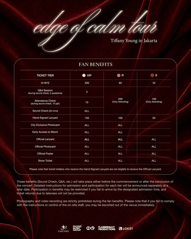 Poster benefit konser Tiffany Young 'Edge of Calm'./ Foto: instagram.com/flabbergastproduction Konser Tiffany Young bertajuk 'Edge of Calm' di Jakarta disertai dengan pembagian benefit menarik untuk semua penonton.