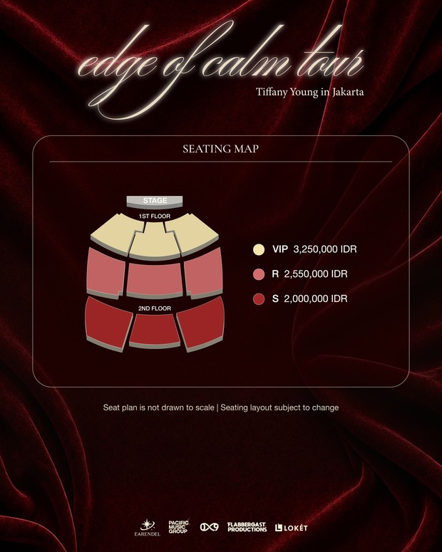 Poster seatplan dan pricelist konser Tiffany Young 'Edge of Calm' Promotor menawarkan tiga jenis seatplan dengan beragam harga untuk konser Tiffany Young 'Edge of Calm' di Jakarta.