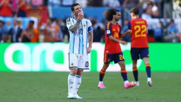 Spanyol vs Argentina di Final Piala Dunia 2026 Soccer Football - FIFA World Cup 2026 - Final - Spain v Argentina - New York/New Jersey Stadium, East Rutherford, New Jersey, U.S. - July 19, 2026 Argentina's Lionel Messi looks dejected after Spain's Ferran Torres scores their first goal REUTERS/Hannah Mckay