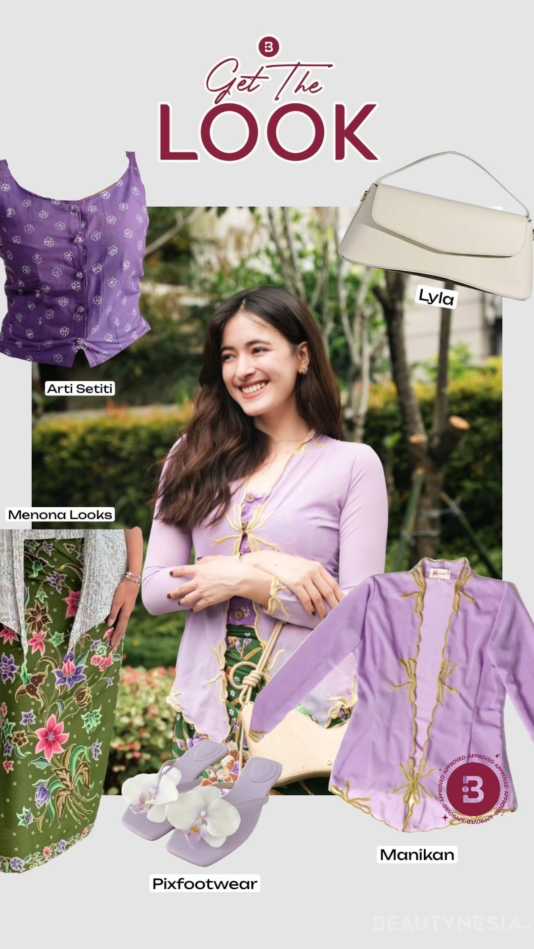 Mengenakan kebaya berwarna ungu dengan aksen pita kuning dipadukan dengan rok lilit batik berwarna dasar hijau, Mawar tampil anggun dan memikat.