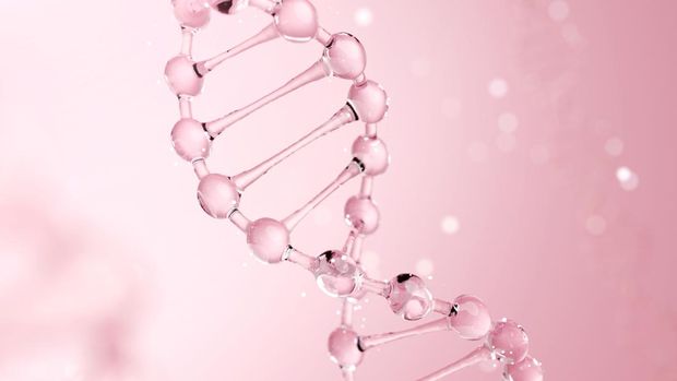 Abstract pink DNA strand featuring a double helix structure with bokeh light, representing PDRN salmon DNA for anti-aging cosmetic serum and skin rejuvenation. 3d render.
