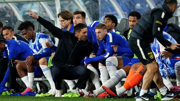 Chelsea manager Xabi Alonso (centre left) gives instructions to Cole Palmer during the pre-season friendly match at the Accor Stadium in Sydney, Australia. Picture date: Tuesday July 28, 2026. (Photo by Robbie Stephenson/PA Images via Getty Images)