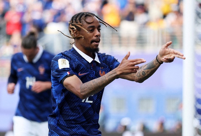 Soccer Football - FIFA World Cup 2026 - Round of 32 - France v Sweden - New York New Jersey Stadium, East Rutherford, New Jersey, U.S. - June 30, 2026 Frances Bradley Barcola celebrates scoring their second goal REUTERS/John Sibley     TPX IMAGES OF