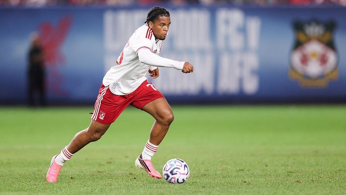 NEW YORK, NEW YORK - JULY 29: Rio Ngumoha #73 of Liverpool FC on the ball during the second half of the pre-season friendly against Wrexham AFC at Yankee Stadium on July 29, 2026 in New York City. (Photo by Dustin Satloff/Getty Images)