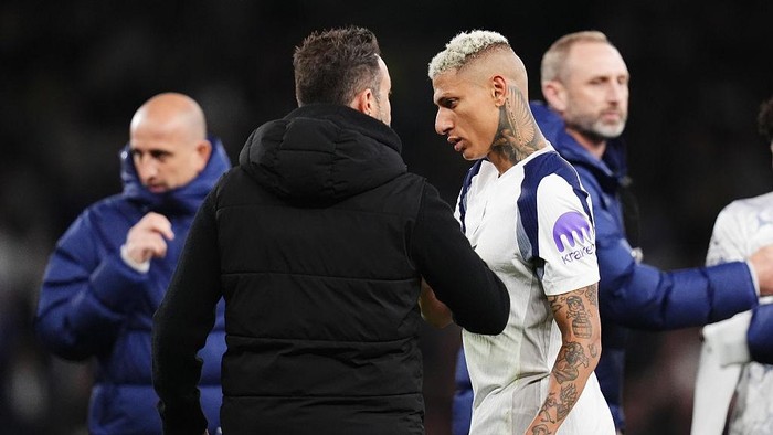 Tottenham Hotspur manager Roberto De Zerbi and Richarlison after the Premier League match at Tottenham Hotspur Stadium, London. Picture date: Monday May 11, 2026. (Photo by John Walton/PA Images via Getty Images)