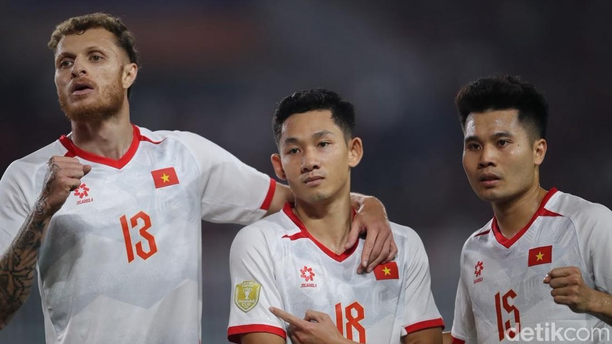Momen ketika para pemain Vietnam merayakan gol ke gawang Indonesia. Foto: Rifkianto Nugroho/detikcom
