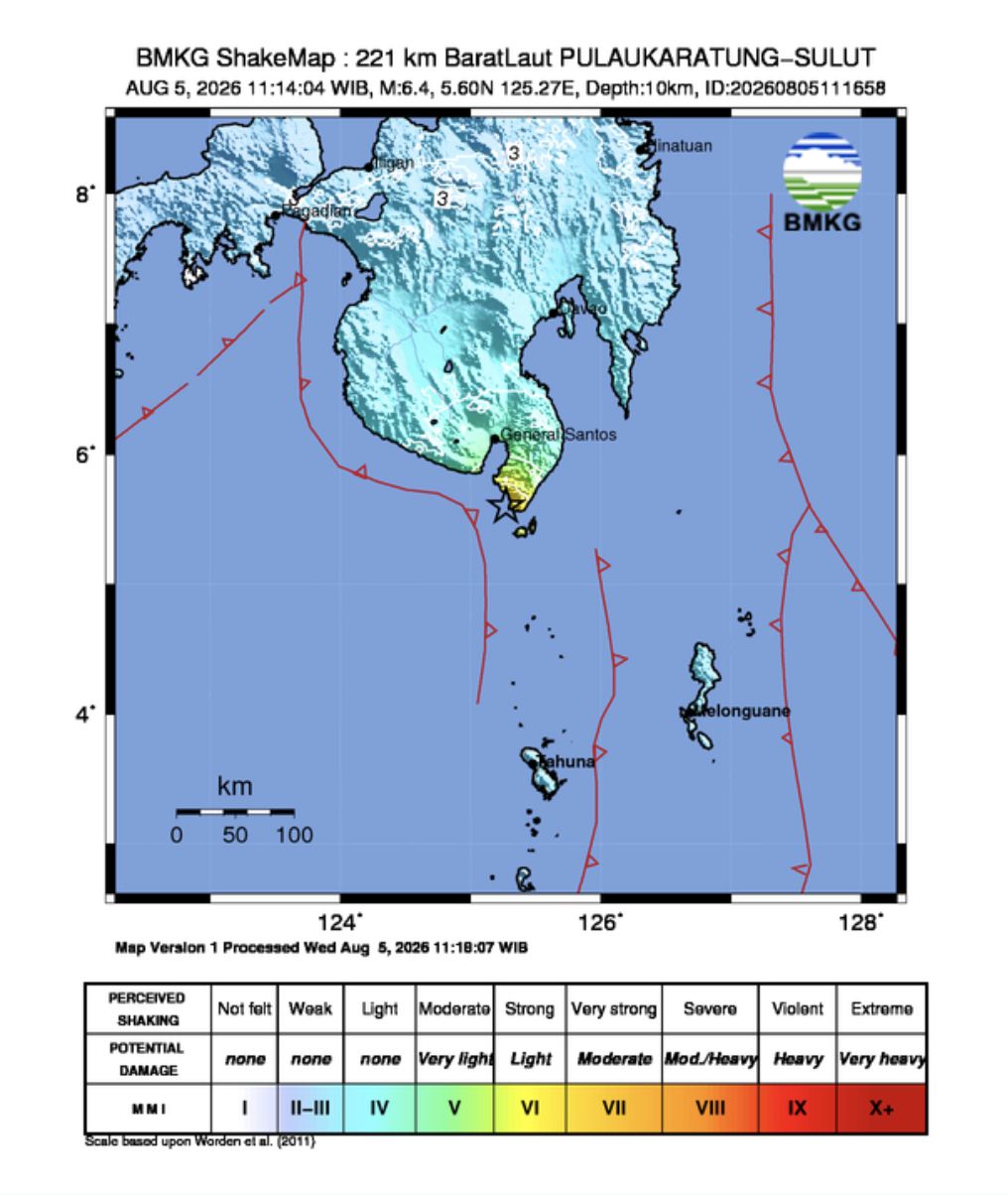 Gempa bumi mengguncang Pulau Karatung, Sulawesi Utara dengan kekuatan 6,4 Magnitudo. (Dok. BMKG)
