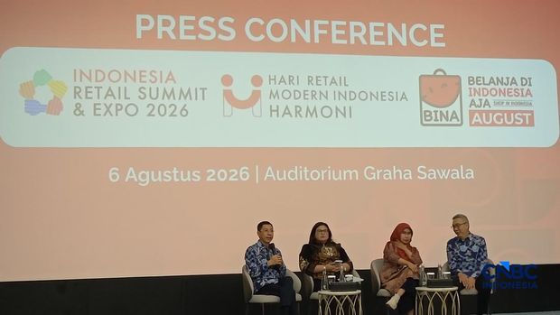 Konferensi pers Belanja di Indonesia Aja (BINA) di Auditorium Kementerian Koordinator bagian Perekonomian, Jakarta, Kamis (6/8/2026). (CNBC Indonesia/Martyasari Rizky)