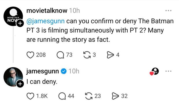 James Gunn membantah rumor yang menyebut DC Studios menggarap dua sekuel The Batman, 2 dan 3, sekaligus alias syuting secara beruntun.