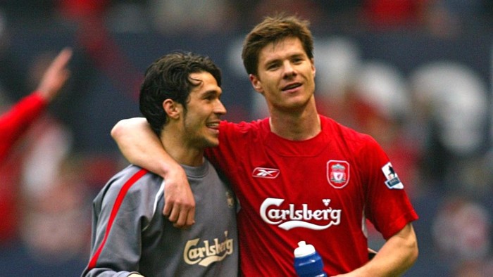 Liverpools Luis Garcia  and Xabi Alonso celebrate reaching the final after beating Chelsea   (Photo by Peter Byrne - PA Images/PA Images via Getty Images)