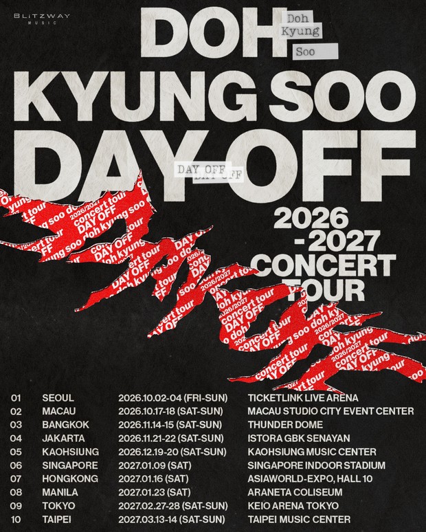 Poster konser Doh Kyung Soo 'Day Off'/ Foto: instagram.com/dohkyungsoo_offcl Doh Kyung Soo sukses mengejutkan penggemar melalui poster tur dunia 'Day Off' berisikan total 10 lokasi pemberhentian, termasuk Jakarta.