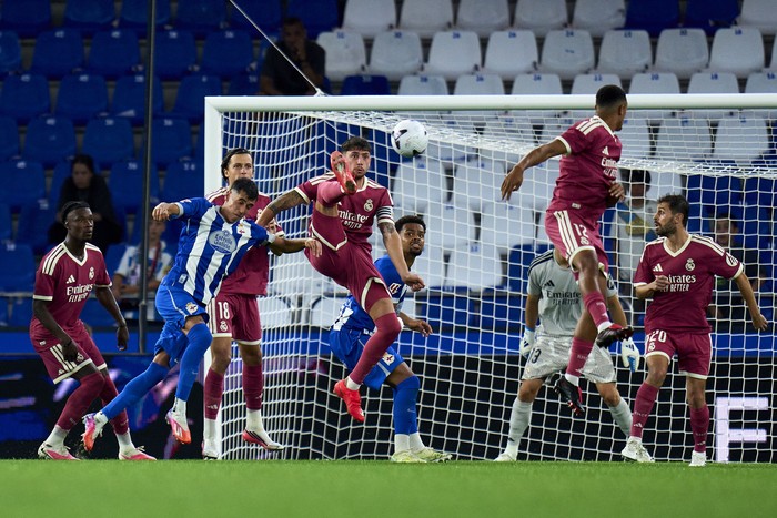 A CORUNA, SPAIN - AUGUST 12: Federico Valverde of Real Madrid CF clears the ball during the Trofeo Teresa Herrera match between RC Deportivo La Coruna and Real Madrid at Riazor Stadium on August 12, 2026 in a Coruna, Spain. (Photo by Diego Souto/Gett