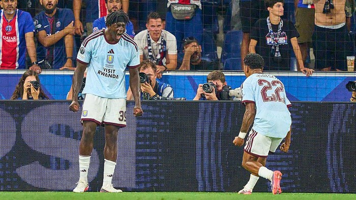 SALZBURG, AUSTRIA - AUGUST 12: Brian Madjo of Aston Villa celebrates his goal bringing the score to 1-1 during the UEFA Super Cup 2026 match between Paris Saint-Germain and Aston Villa at Stadion Salzburg on August 12, 2026 in Salzburg, Austria. (Pho