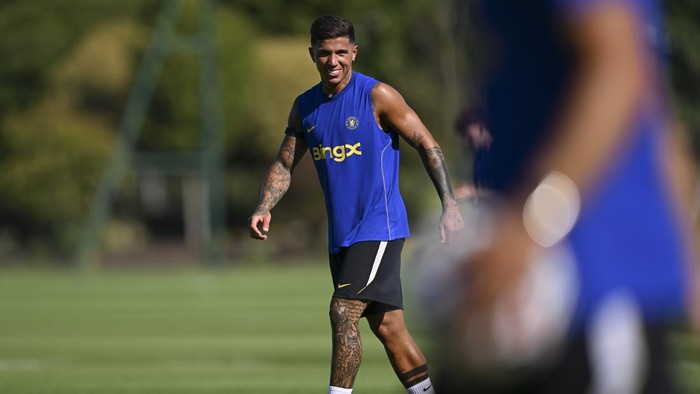 COBHAM, ENGLAND - AUGUST 12: Enzo Fernandez of Chelsea during a training session at Chelsea Training Ground on August 12, 2026 in Cobham, United Kingdom. (Photo by Darren Walsh/Chelsea FC via Getty Images)