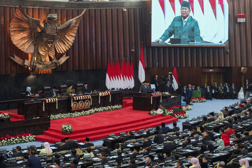 Pidato Presiden Prabowo Subianto saat Sidang Tahunan MPR dan Sidang Bersama DPR dan DPD, Jumat (14/8/2026). (REUTERS/Stringer)