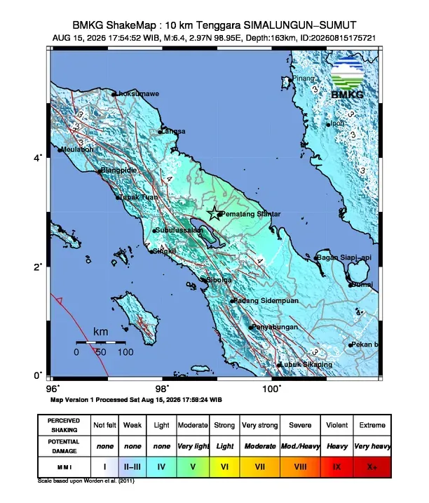 Gempa bumi mengguncang Pematang Siantar, Sumatra Utara dengan kekuatan 6,4 Magnitudo dengan kedalaman 163 km pada Sabtu (15/8/2026). (Dok. BMKG)