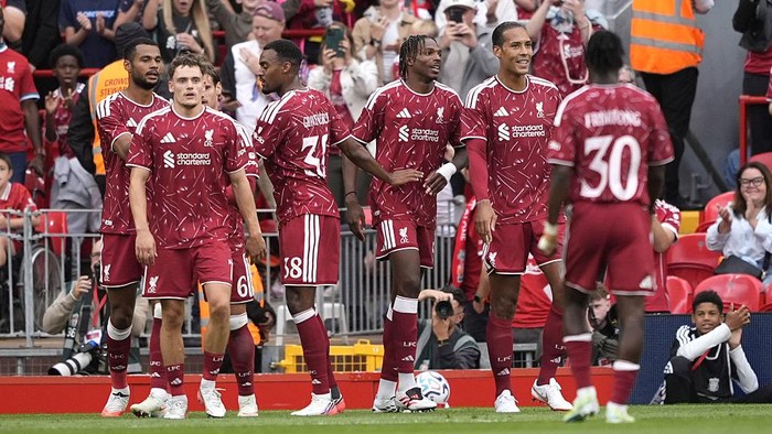Liverpools Jeremy Jacquet celebrates scoring their sides second goal of the game during the pre-season match at Anfield, Liverpool. Picture date: Sunday August 16, 2026. (Photo by Peter Byrne/PA Images via Getty Images)