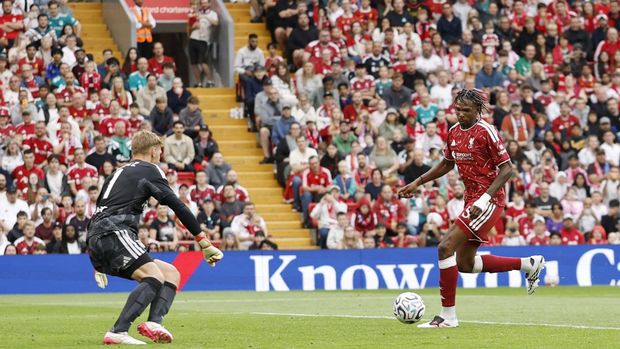 Liverpool vs Como Soccer Football - Pre Season Friendly - Liverpool v Como - Anfield, Liverpool, Britain - August 16, 2026 Liverpool's Jeremy Jacquet scores their first goal Action Images via Reuters/Jason Cairnduff