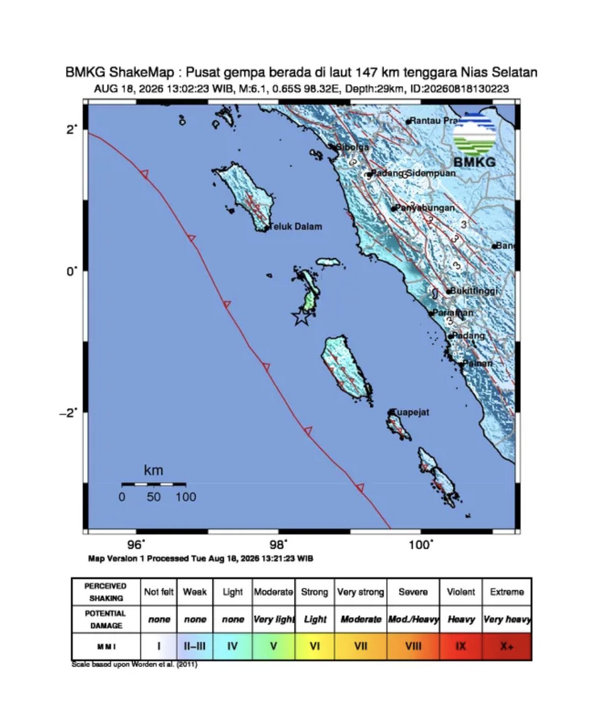 Gempa Nias Selatan M 6,1, Selasa, 18/8. (BMKG)
