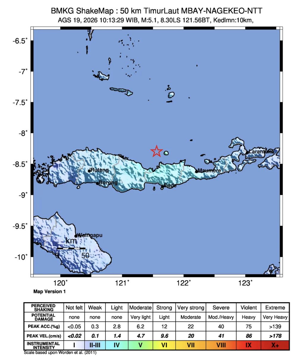 28 WIB wilayah Flores, Nusa Tenggara timur diguncang gempa bumi tektonik. Hasil kajian BMKG menunjukkan gempa bumi ini mempunyai parameter pembaruan dengan magnitudo M5.1 pada kedalaman 10 km.  (Dok BMKG)