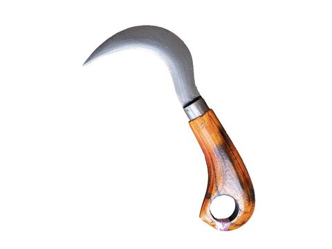 Kerambit karambit, a sharp weapon typical of the Minangkabau of West Sumatra with a teak wood handle on a white background