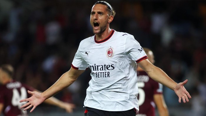 TURIN, ITALY - AUGUST 23: Adrien Rabiot of AC Milan celebrates 0-2 during the Serie A match between Torino FC and AC Milan at Stadio Olimpico di Torino on August 23, 2026 in Turin, Italy. (Photo by Nderim Kaceli/BSR Agency/Getty Images)