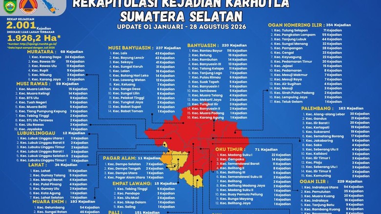 Tembus 2.001 Kasus, Ini Daftar 13 Daerah Masuk Zona Merah Karhutla di Sumsel
