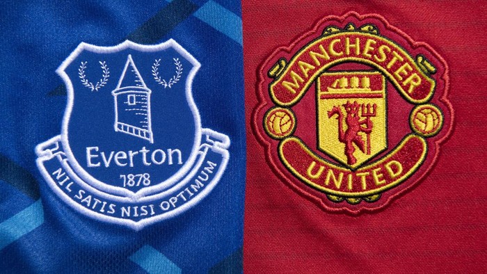 The Everton and Manchester United club crests on their first team home shirts on May 14, 2020 in Manchester, England. (Photo by Visionhaus)