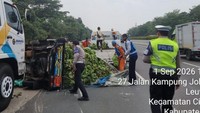 Mobil Pikap Angkut Pisang Terbalik di Tol Jagorawi, Sopir Terluka