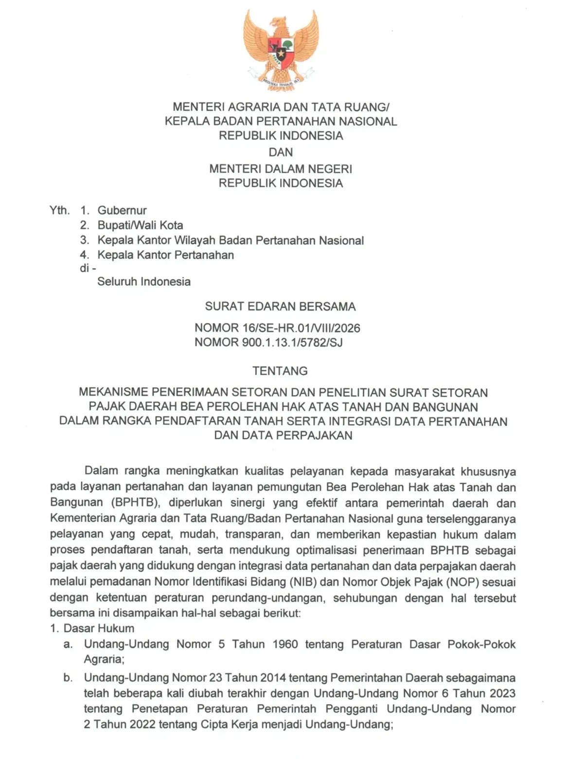 Surat Edaran Bersama Nomor 16/SE-HR.01/VIII/2026, Nomor 900.1.13.1/5782/SJ tentang Mekanisme Penerimaan Setoran dan Penelitian Surat Setoran Pajak Daerah BPHTB dalam rangka Pendaftaran Tanah serta Integrasi Data Pertanahan dan Data Perpajakan. (Dok. Istimewa)