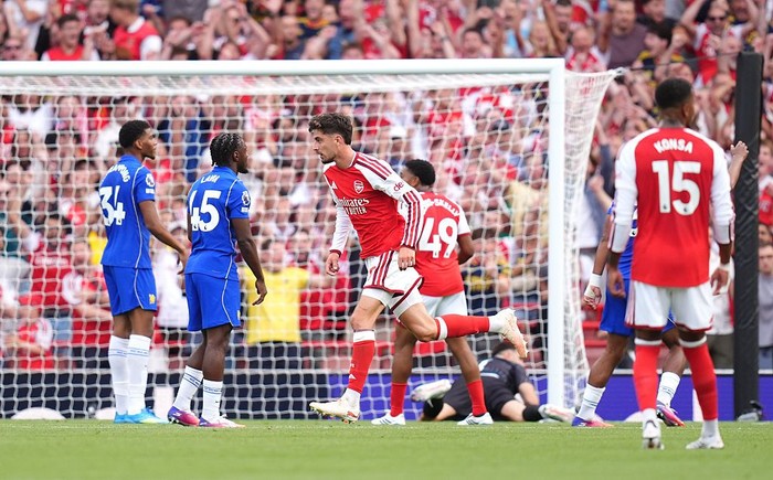 Arsenal's Kai Havertz celebrates scoring their side's first goal of the game during the Premier League match at Emirates Stadium, London. Picture date: Sunday September 6, 2026. (Photo by John Walton/PA Images via Getty Images)