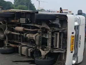 Truk Boks Terguling di Tol Jagorawi gegara Pecah Ban