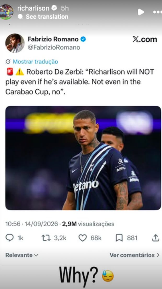 Richarlison Pelatih Tottenham Hotspur, Roberto De Zerbi, sudah menegaskan tidak akan memainkan Richarlison. Striker asal Brasil itu memberikan respons di media sosial.