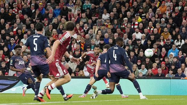 Liverpool vs Tottenham Hotspur Liverpool's Cody Gakpo scores their side's second goal of the game during the Carabao Cup third round match at Anfield, Liverpool. Picture date: Tuesday September 15, 2026. (Photo by Peter Byrne/PA Images via Getty Images)