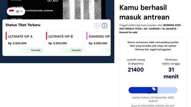 General Sale BIGBANG Jakarta Konser BIGBANG 2026-2027 WORLD TOUR < XX : COSMOS > IN JAKARTA akan menjadi perayaan 20 tahun BIGBANG, sekaligus menandai kali pertama grup tersebut kembali menggelar tur konser dalam sembilan tahun terakhir.