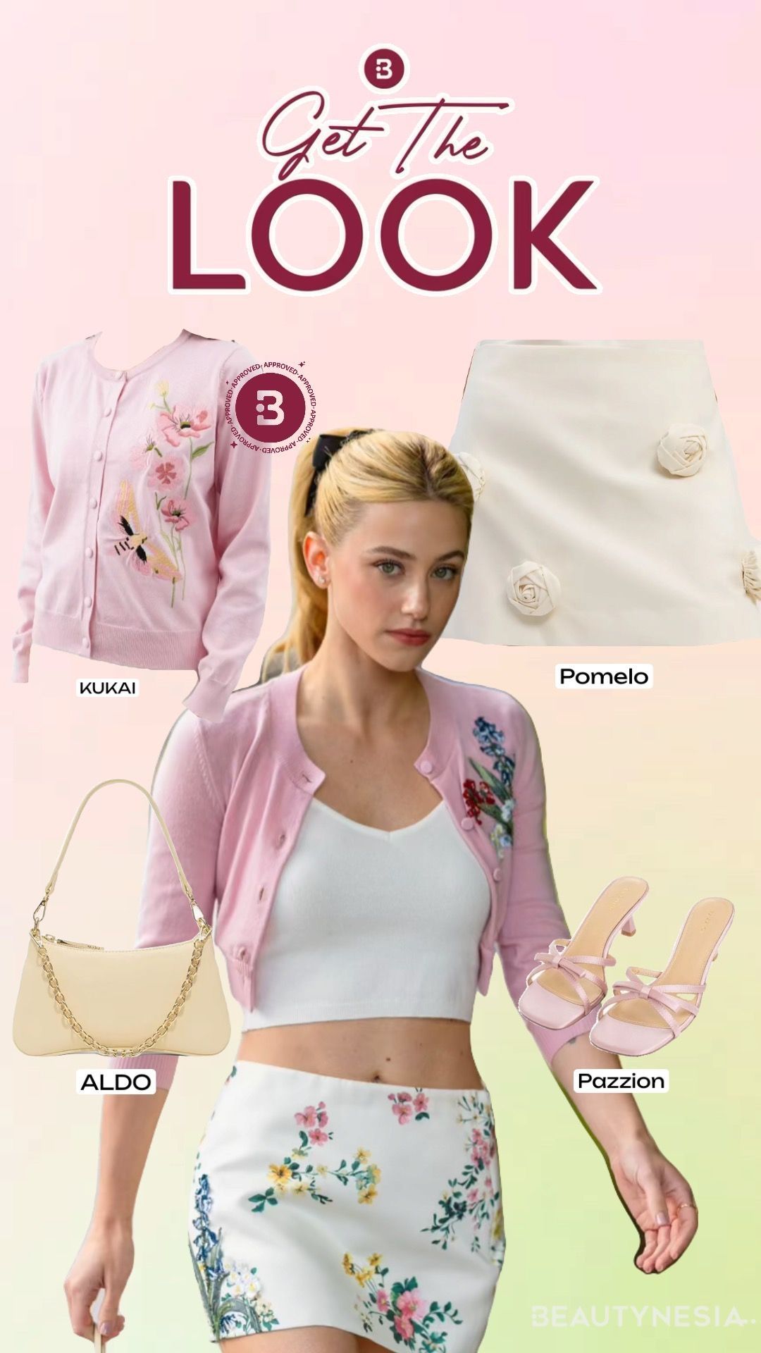 Cardigan rajut model cropped dengan hiasan bunga di salah satu sisi, dipadukan dengan tank top putih dan mini skirt bertema soft garden party sukses memancarkan nuansa romantis dan feminin.