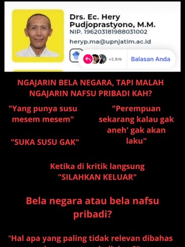 Dosen Bela Negara UPN Jatim Diduga Lontarkan Kalimat Bernuansa Seksual