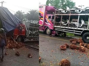 Tabrakan Beruntun Truk Muatan Motor hingga Truk Sawit di Jalan Jambi-Riau
