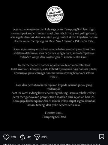 Nasi Tempong Sri Dewi Minta Maaf Usai Ledakan Dahsyat di Pakuwon City
