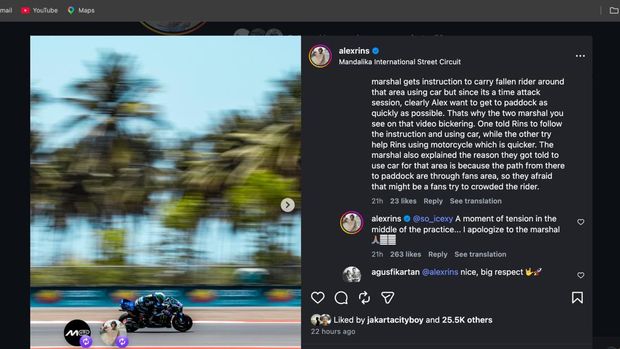 Alex Rins Tangkapan layar Alex Rins minta maaf usai acungkan jari tengah ke marshal Mandalika.