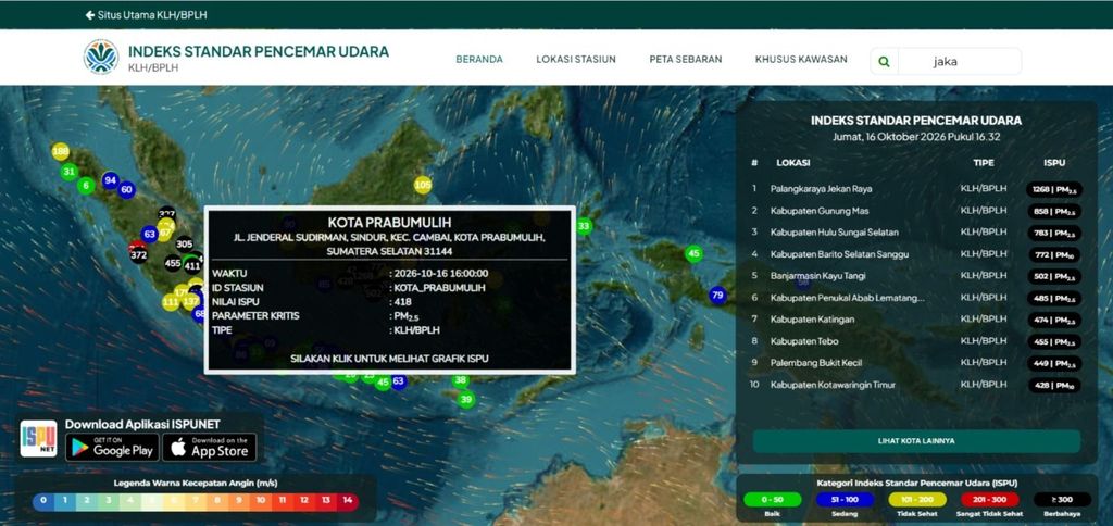 Indeks cemaran udara warna indeks hitam tanda BAHAYA di Prabumulih dan Palangka Raya pada hari Jumat, 16 Oktober 2026, pukul 16.32 WIB. Indeks cemaran udara warna indeks hitam tanda BAHAYA di Prabumulih dan Palangka Raya pada hari Jumat, 16 Oktober 2026, pukul 16.32 WIB. (Dok. Kementerian Kehutanan)