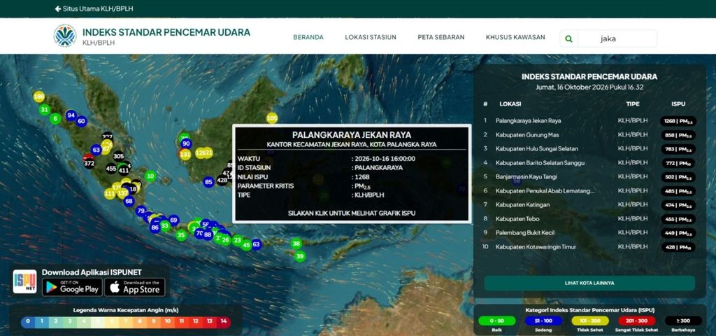 Indeks cemaran udara warna indeks hitam tanda BAHAYA di Prabumulih dan Palangka Raya pada hari Jumat, 16 Oktober 2026, pukul 16.32 WIB. Indeks cemaran udara warna indeks hitam tanda BAHAYA di Prabumulih dan Palangka Raya pada hari Jumat, 16 Oktober 2026, pukul 16.32 WIB. (Dok. Kementerian Kehutanan)