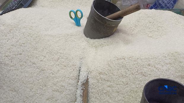 Pantauan nilai beras di Pasar Rumput, Jakarta Selatan, Jumat (16/10/2026).  (CNBC Indonesa/Martyasari RIzky)