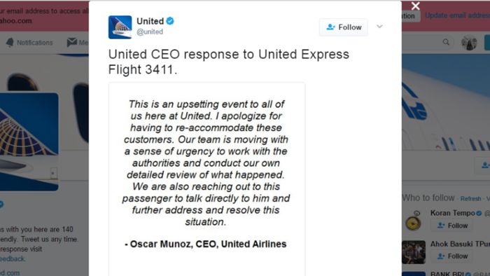 Permintaan Maaf CEO United Airlines Dibalas Amarah Netizen