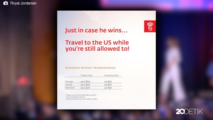 Trump Menang Pemilihan Presiden, Maskapai Yordania Bikin Iklan Sindiran