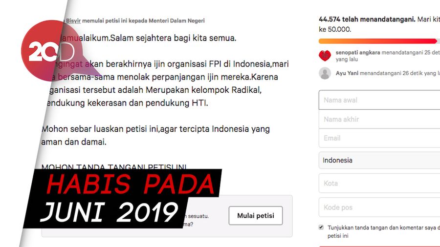 Ramai-ramai Isi Petisi Tolak Perpanjangan Izin FPI