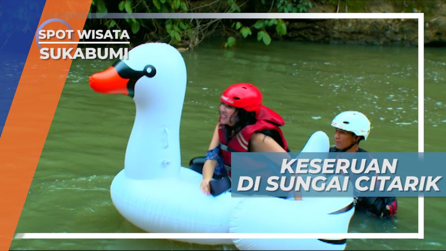 Keseruan Bermain Pelampung Berupa Balon Angsa Cantik di Sungai Citarik Sukabumi