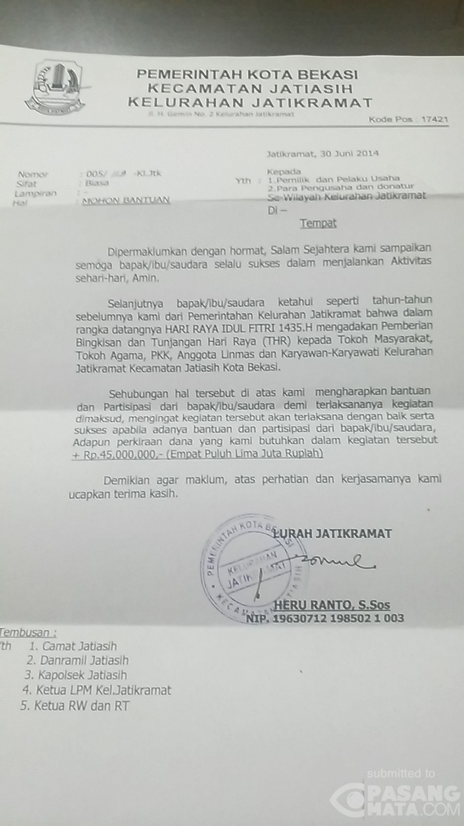 Ini Penampakan Surat Permohonan Bantuan Untuk Thr Di Bekasi Umum Pasangmata